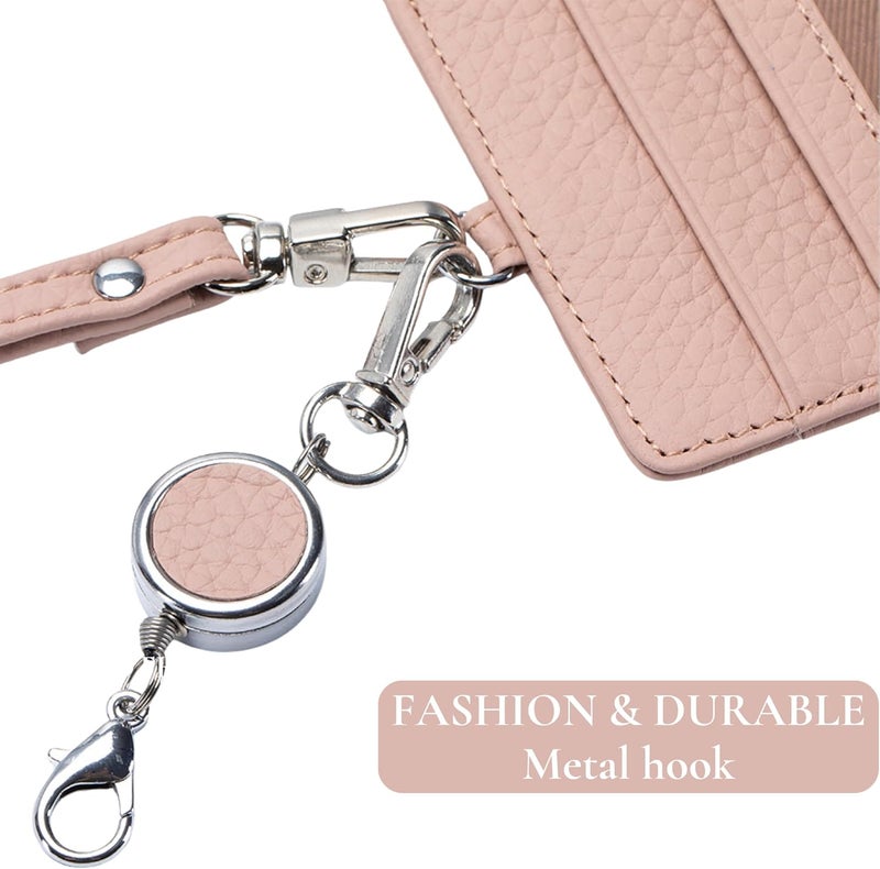 EutDett Leather Lanyard Wallet with ID Badge Holder, Minimalist Wallet for Women & Men, Women's ID Case with Zipper Pocket, Breakaway Lanyard & Retractable Reel Clip for Teacher Nurse Student (Light Pink) - Image 4